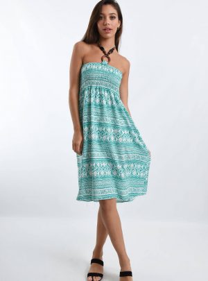 Vestido fibrana con aplique madera cuello
