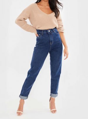 Jean mom azul localizado tiro alto Inquieta. CH630